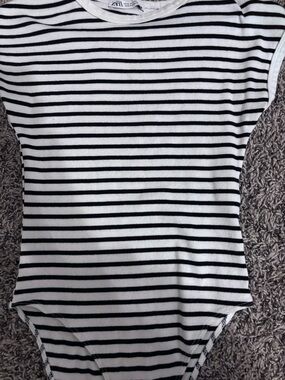 Zara White and Black Striped Ribbed Tank Bodysuit